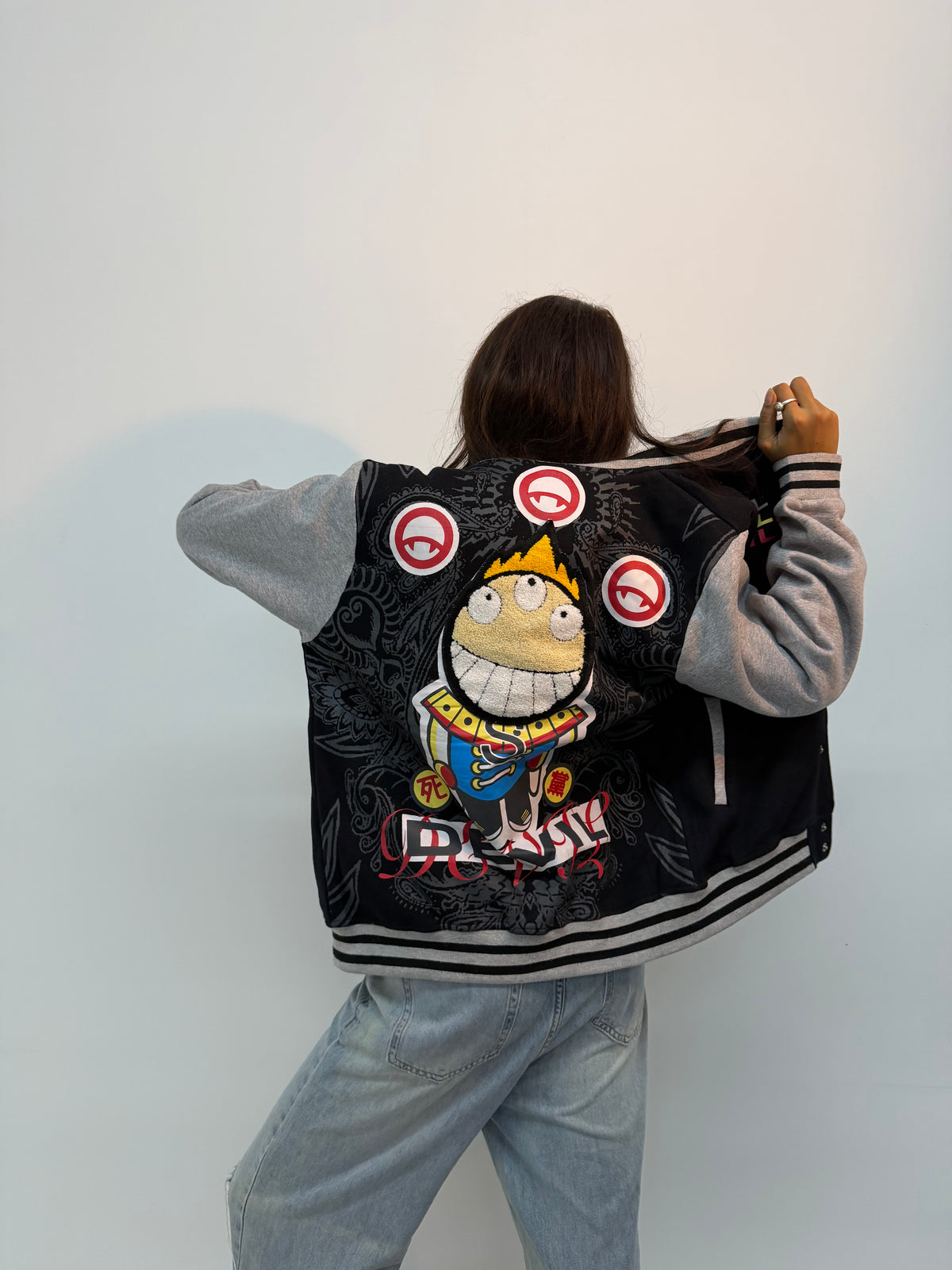 Vintage Unisex Black & Grey Varsity Bomber Jacket