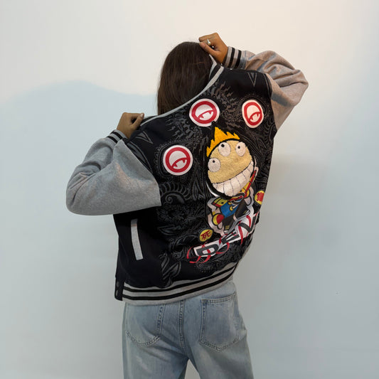 Vintage Unisex Black & Grey Varsity Bomber Jacket