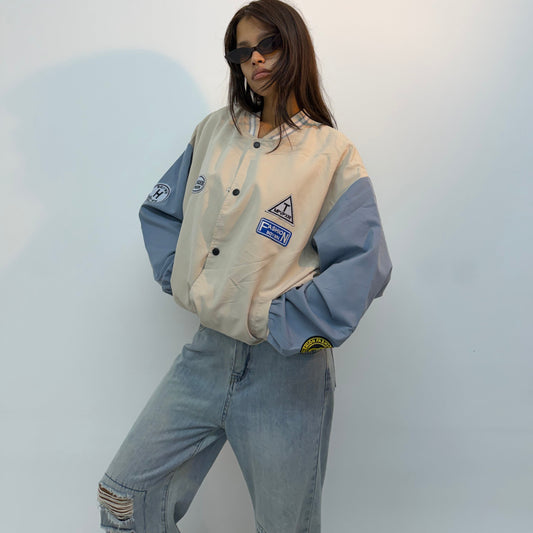 Vintage Unisex Cream & Blue Colorblock Varsity Bomber Jacket