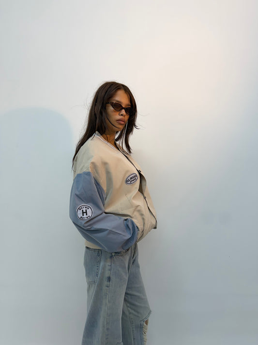 Vintage Unisex Cream & Blue Colorblock Varsity Bomber Jacket