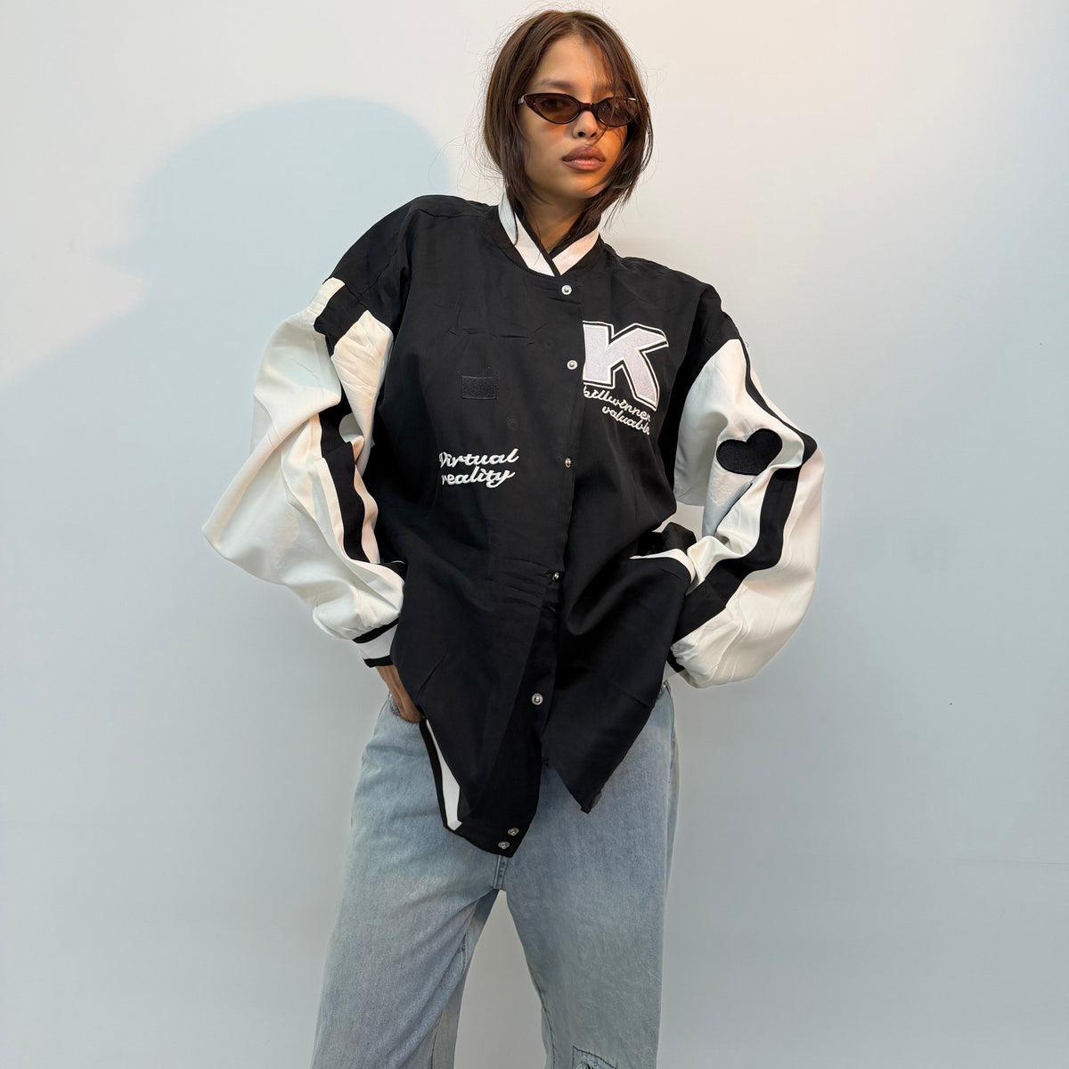 Vintage Unisex Black & White Graphic Varsity Bomber Jacket