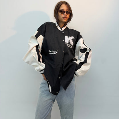 Vintage Unisex Black & White Graphic Varsity Bomber Jacket
