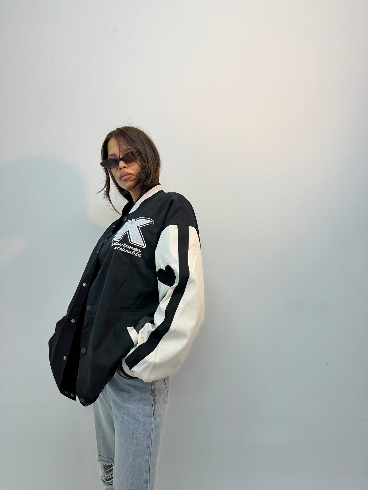 Vintage Unisex Black & White Graphic Varsity Bomber Jacket
