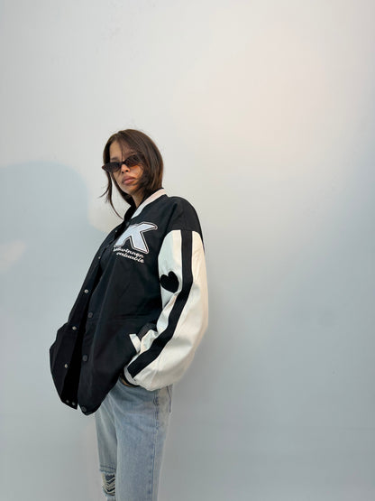 Vintage Unisex Black & White Graphic Varsity Bomber Jacket
