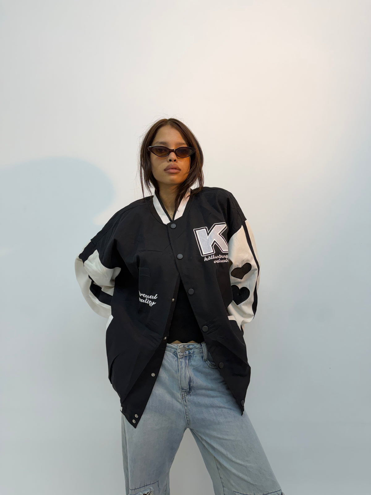 Vintage Unisex Black & White Graphic Varsity Bomber Jacket