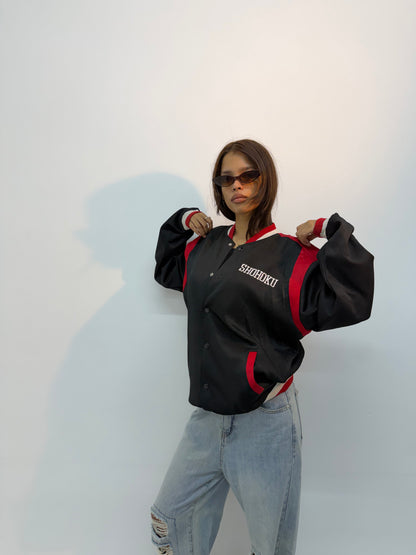 Vintage Unisex Black & Red Racing Varsity Bomber Jacket