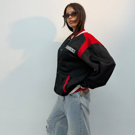 Vintage Unisex Black & Red Racing Varsity Bomber Jacket