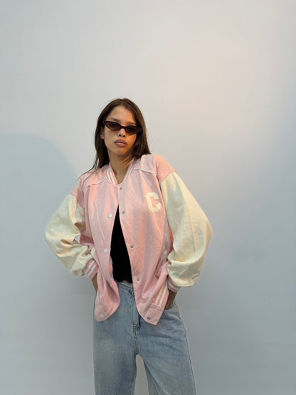 Vintage Unisex Pink & Cream Varsity Bomber Jacket
