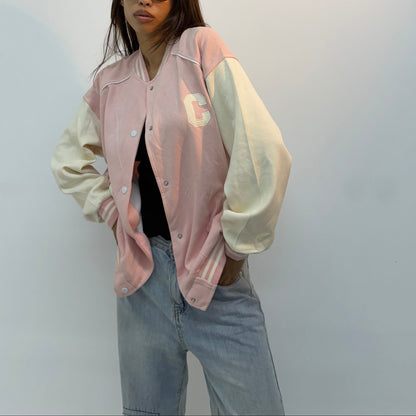 Vintage Unisex Pink & Cream Varsity Bomber Jacket