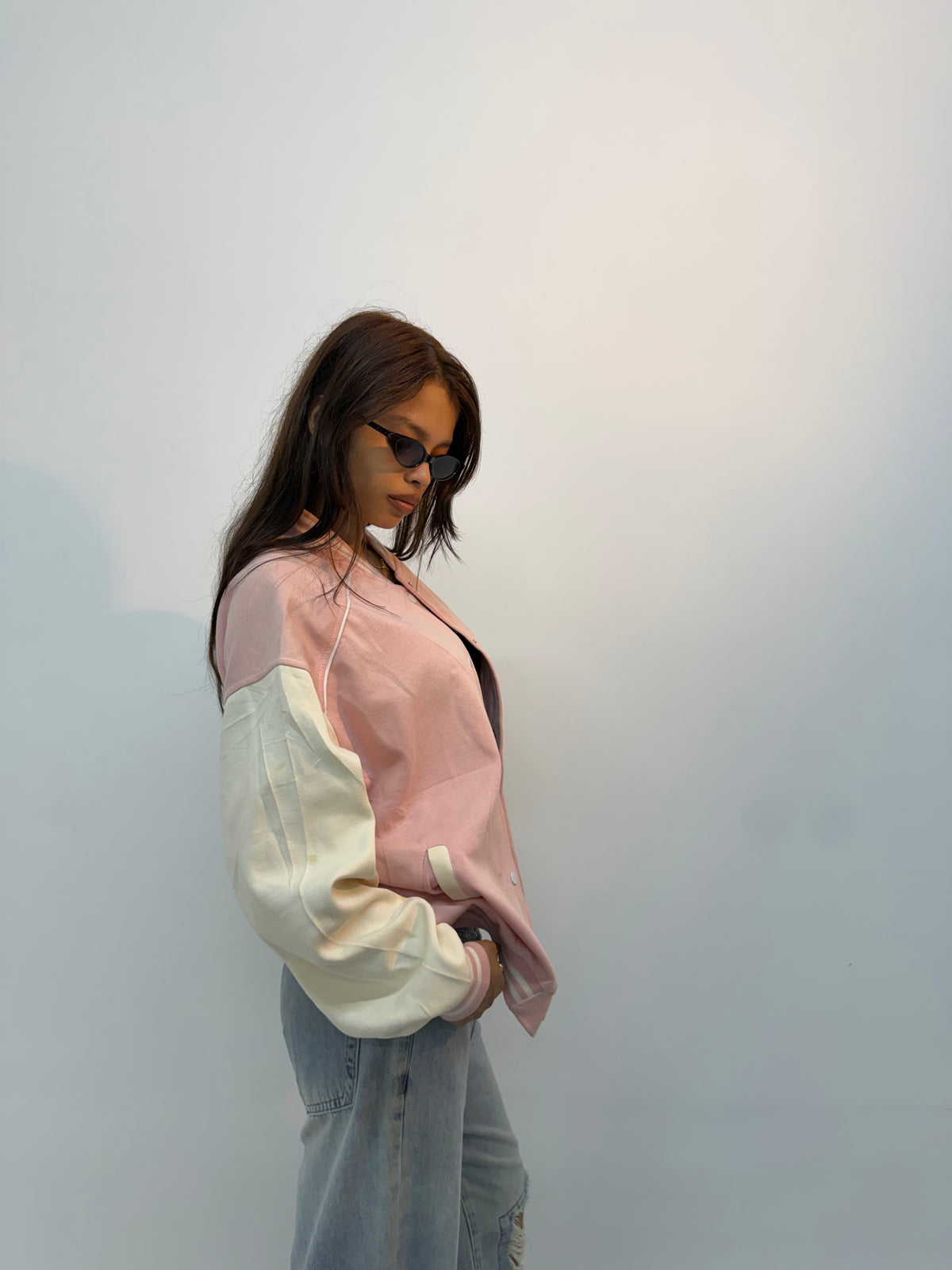 Vintage Unisex Pink & Cream Varsity Bomber Jacket
