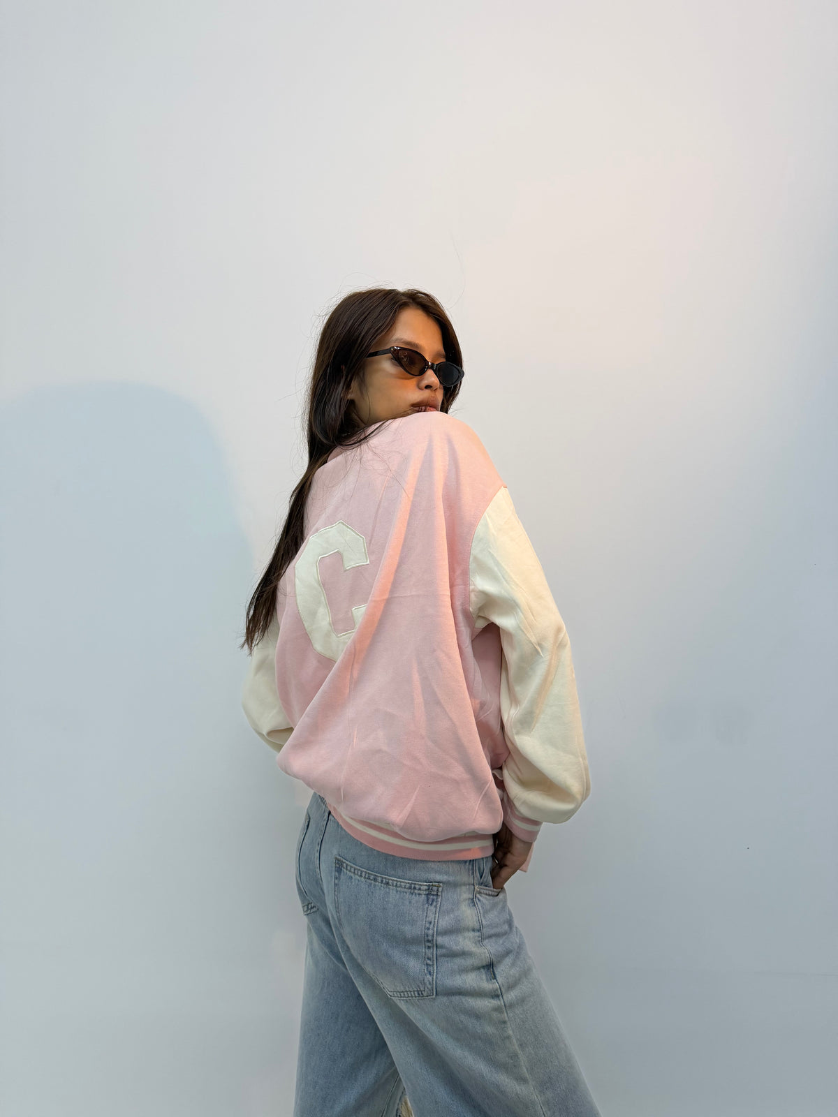 Vintage Unisex Pink & Cream Varsity Bomber Jacket