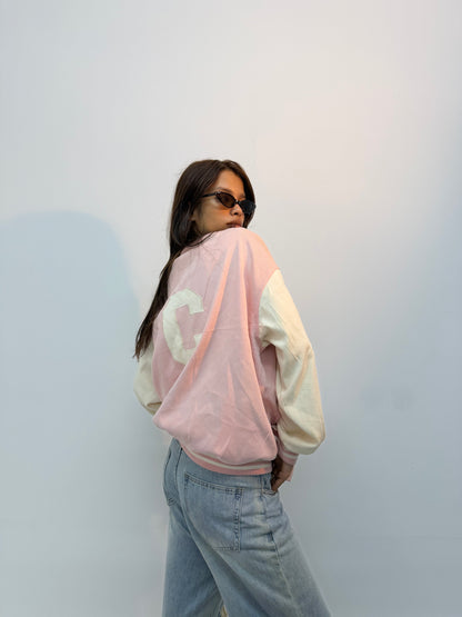 Vintage Unisex Pink & Cream Varsity Bomber Jacket