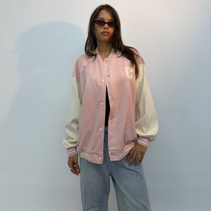 Vintage Unisex Pink & Cream Varsity Bomber Jacket