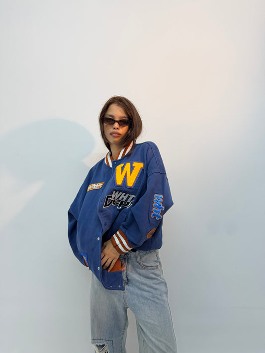 Vintage Unisex Royal Blue Patchwork Varsity Bomber Jacket