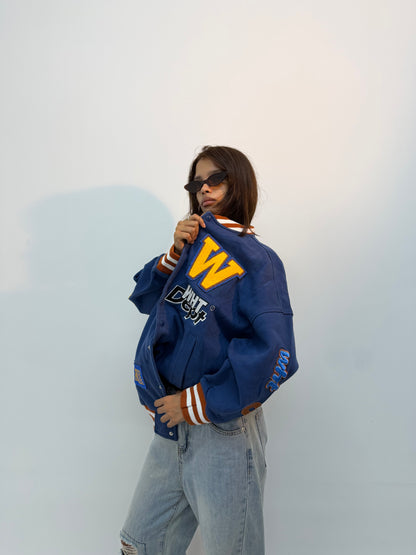 Vintage Unisex Royal Blue Patchwork Varsity Bomber Jacket