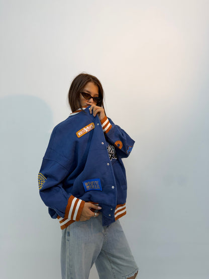 Vintage Unisex Royal Blue Patchwork Varsity Bomber Jacket