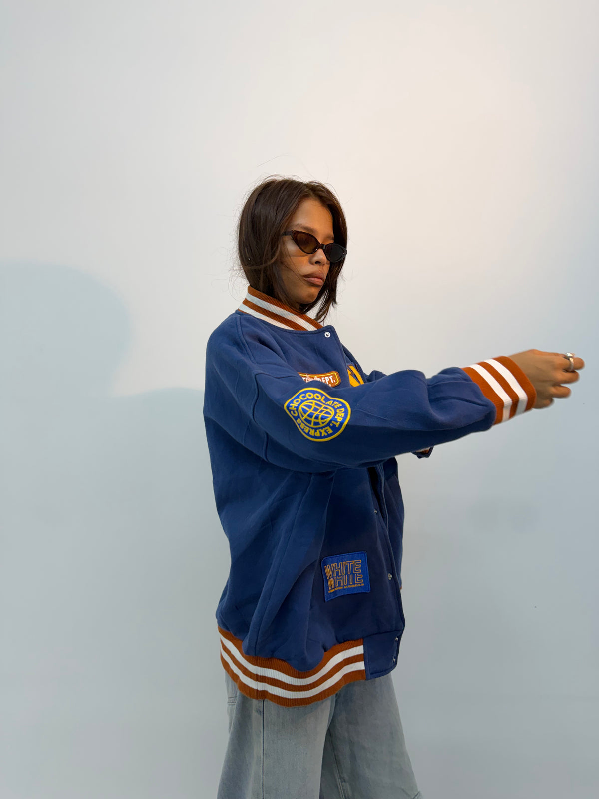 Vintage Unisex Royal Blue Patchwork Varsity Bomber Jacket