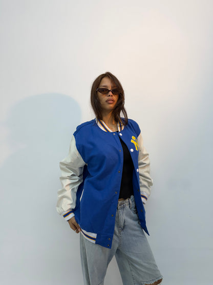 Vintage Unisex Blue & White Contrast Sleeve Varsity Bomber Jacket