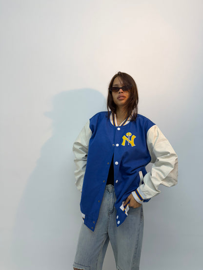 Vintage Unisex Blue & White Contrast Sleeve Varsity Bomber Jacket