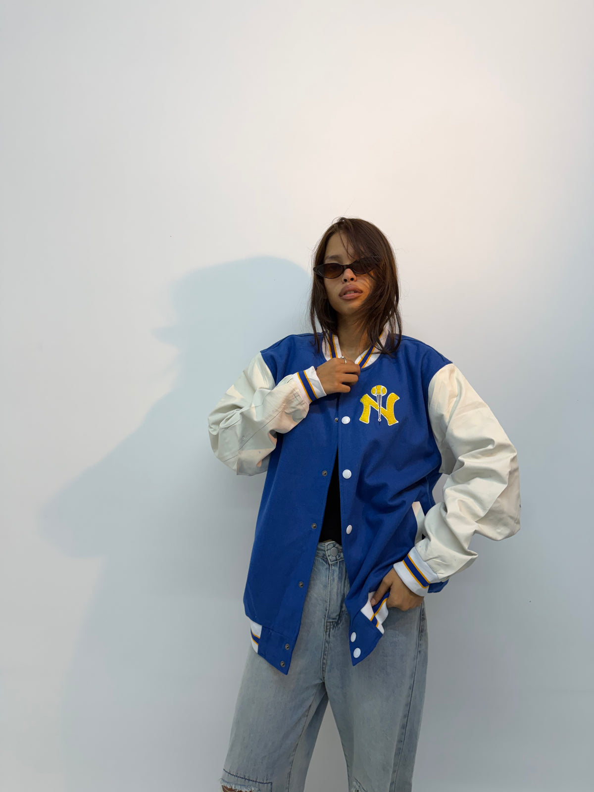 Vintage Unisex Blue & White Contrast Sleeve Varsity Bomber Jacket