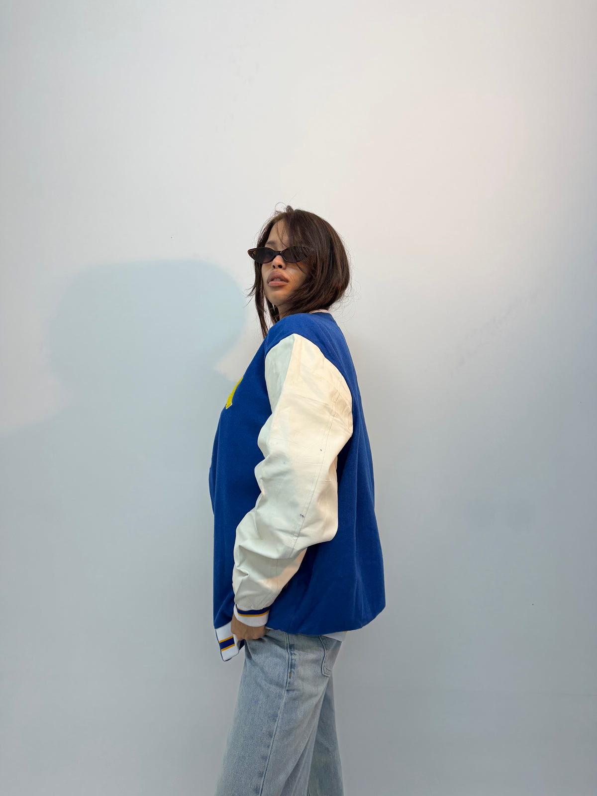 Vintage Unisex Blue & White Contrast Sleeve Varsity Bomber Jacket