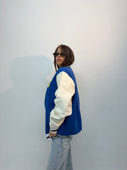 Vintage Unisex Blue & White Contrast Sleeve Varsity Bomber Jacket