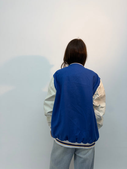 Vintage Unisex Blue & White Contrast Sleeve Varsity Bomber Jacket
