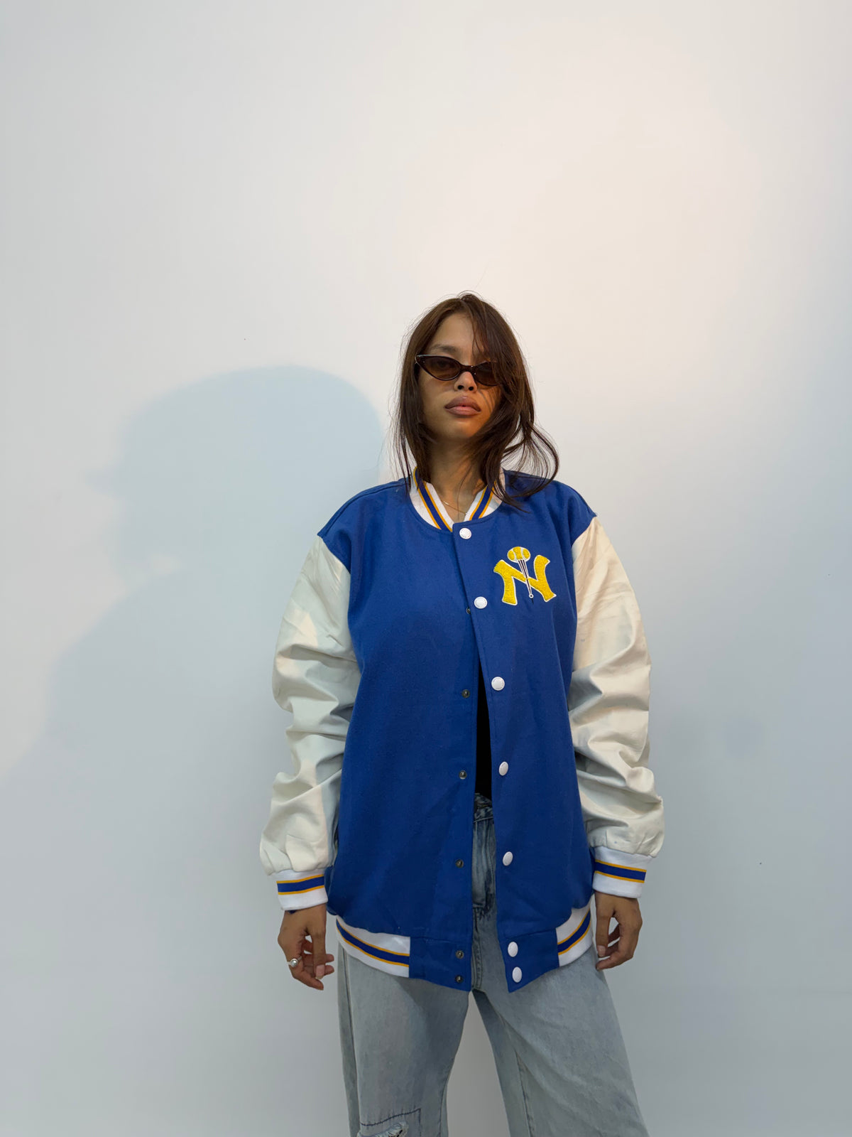 Vintage Unisex Blue & White Contrast Sleeve Varsity Bomber Jacket