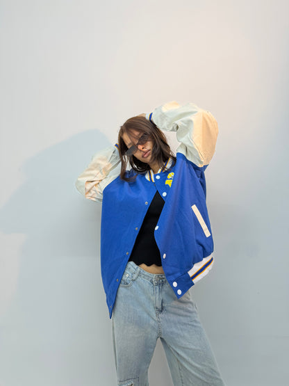 Vintage Unisex Blue & White Contrast Sleeve Varsity Bomber Jacket