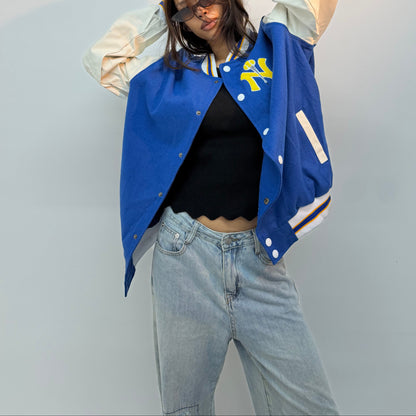 Vintage Unisex Blue & White Contrast Sleeve Varsity Bomber Jacket