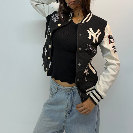 Vintage Unisex Black & White Embroidered Varsity Bomber Jacket