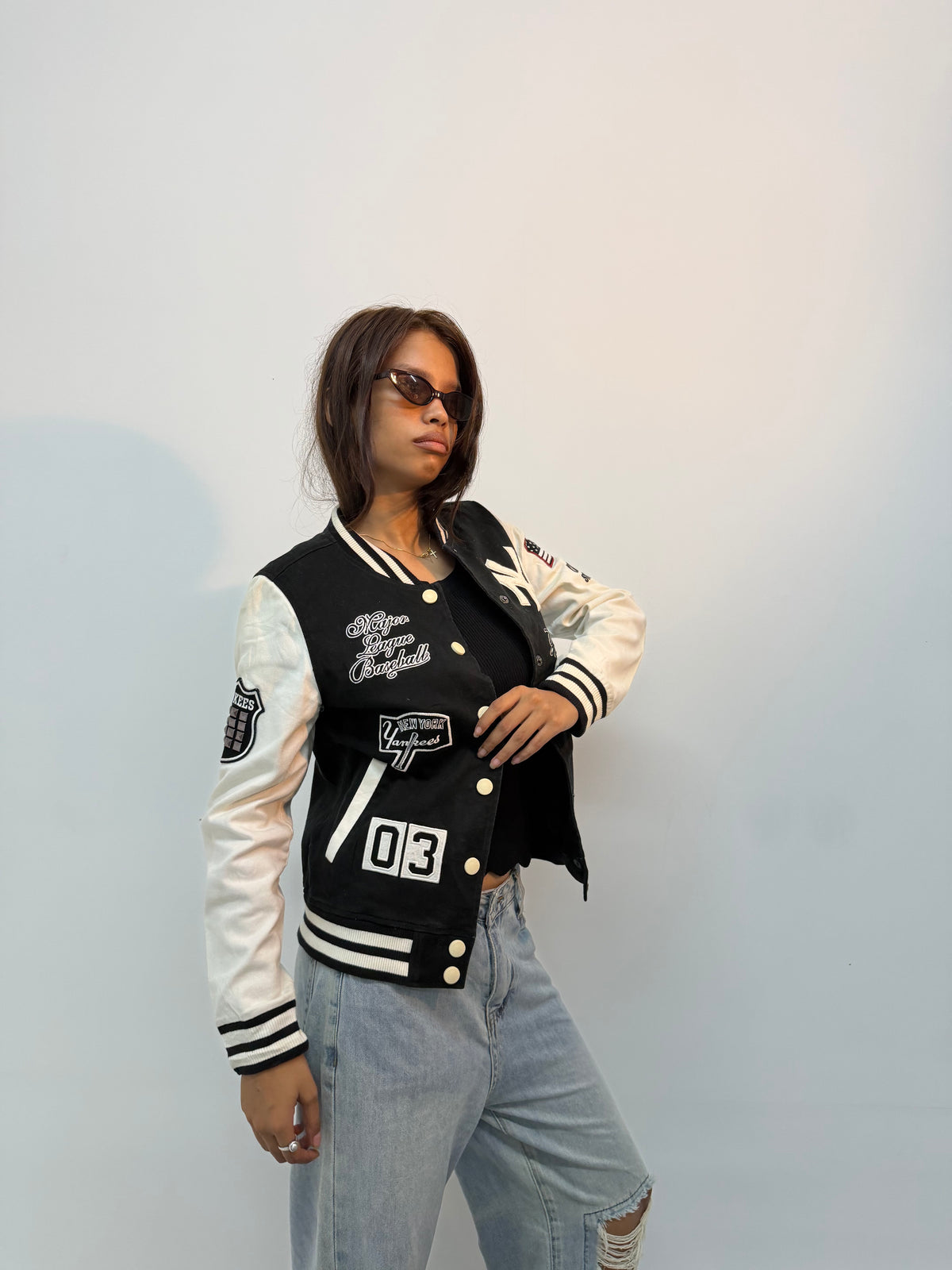 Vintage Unisex Black & White Embroidered Varsity Bomber Jacket