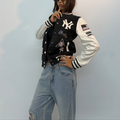 Vintage Unisex Black & White Embroidered Varsity Bomber Jacket