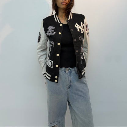 Vintage Unisex Black & White Embroidered Varsity Bomber Jacket