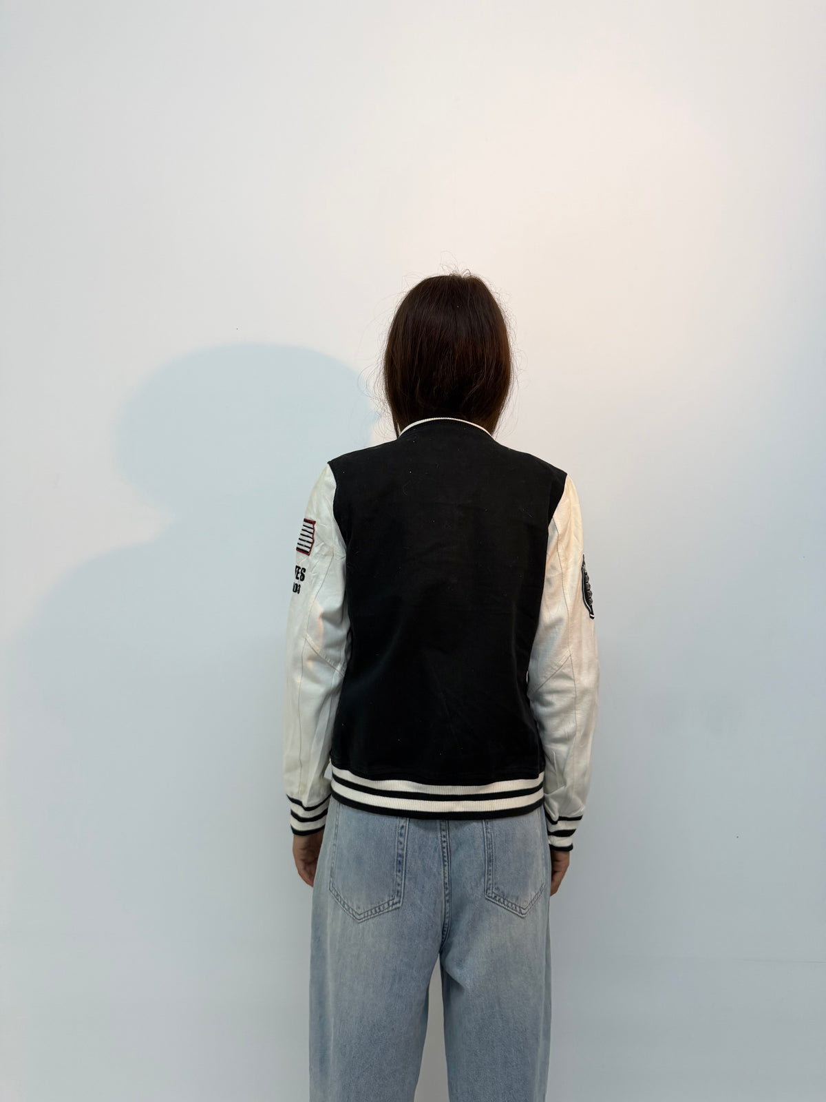 Vintage Unisex Black & White Embroidered Varsity Bomber Jacket