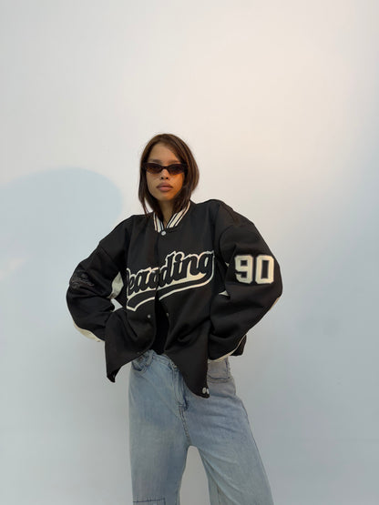 Vintage Unisex Beige Oversized Letterman Bomber Jacket