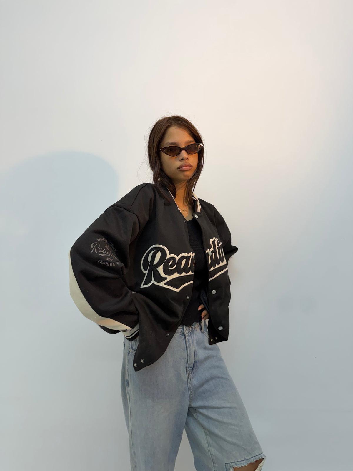 Vintage Unisex Beige Oversized Letterman Bomber Jacket