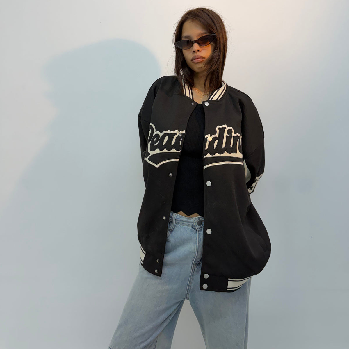 Vintage Unisex Beige Oversized Letterman Bomber Jacket