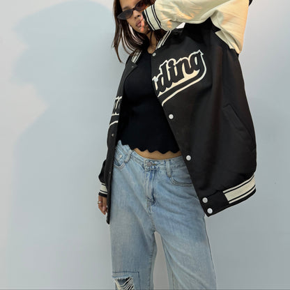 Vintage Unisex Beige Oversized Letterman Bomber Jacket