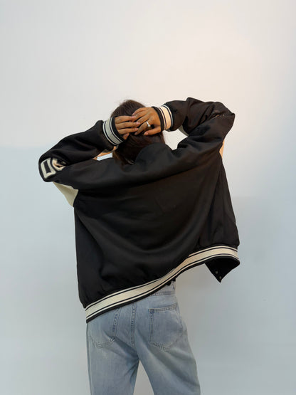 Vintage Unisex Beige Oversized Letterman Bomber Jacket