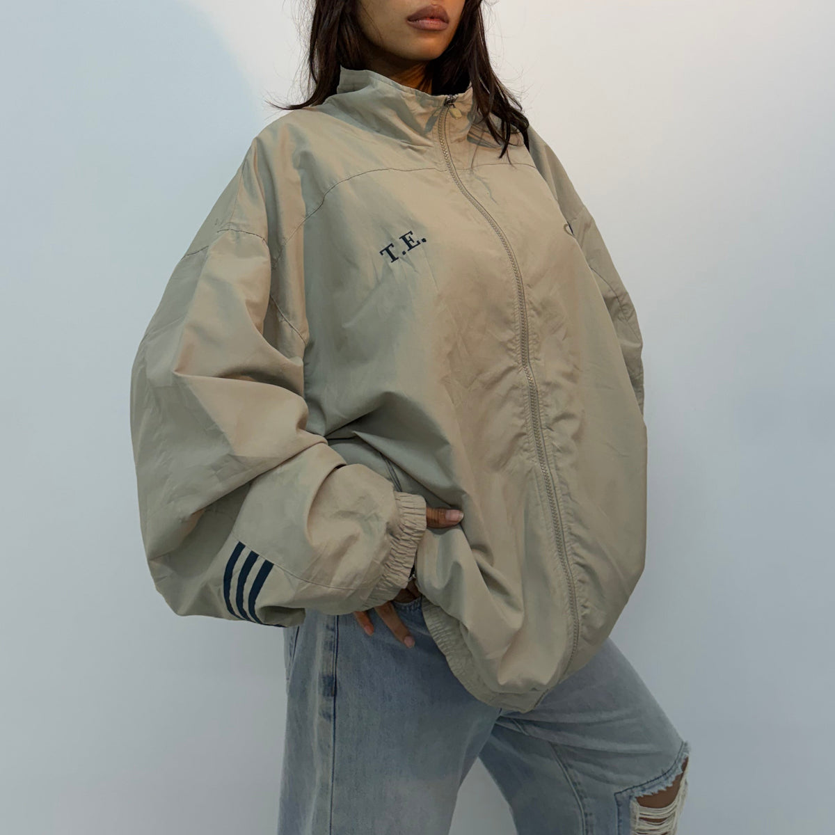 Vintage Unisex Beige Oversized Letterman Bomber Jacket