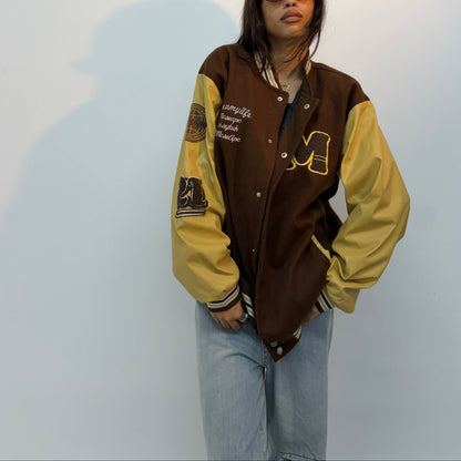 Vintage Brown & Mustard Embroidered Oversized Varsity Jacket