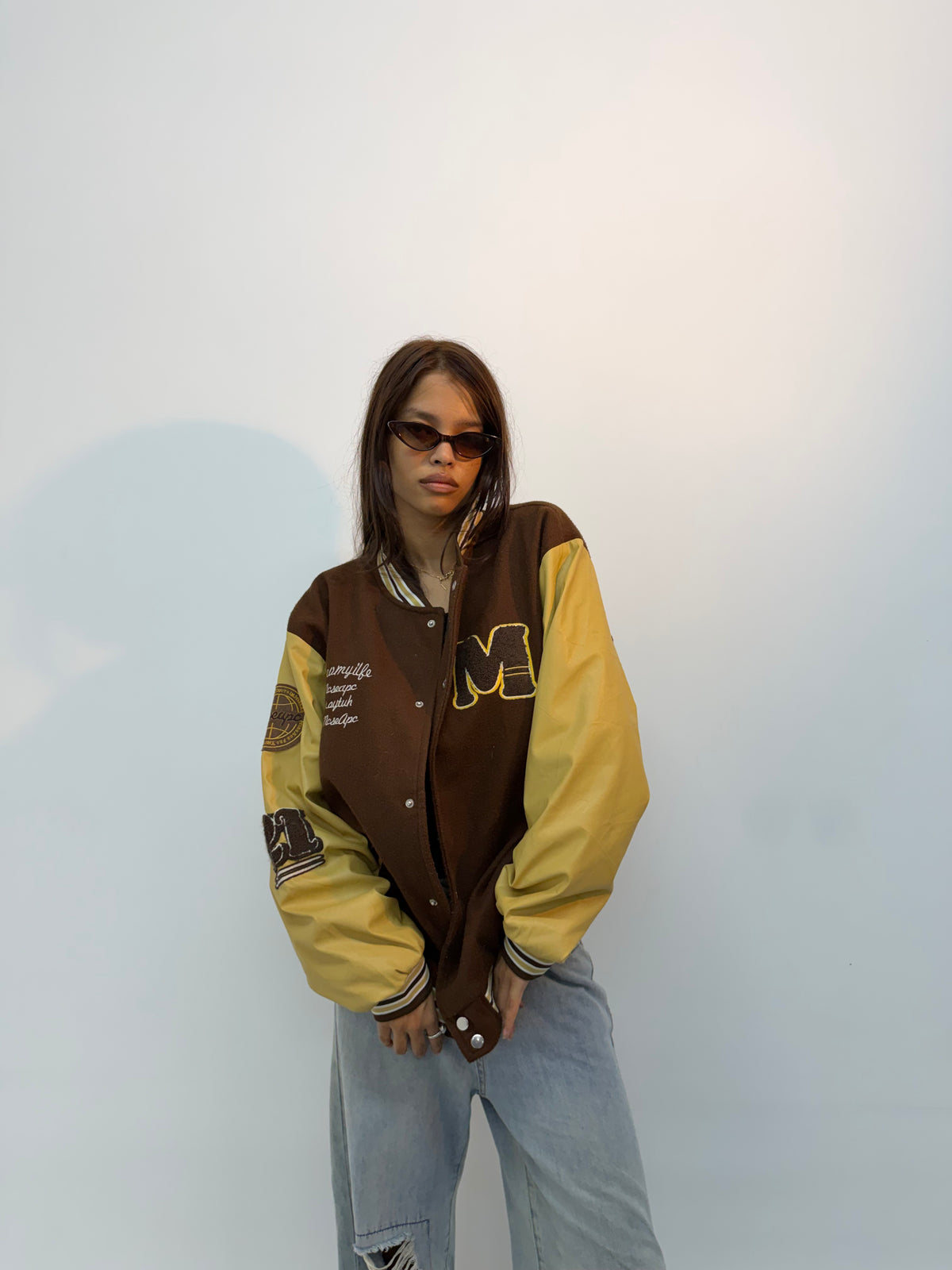 Vintage Brown & Mustard Embroidered Oversized Varsity Jacket