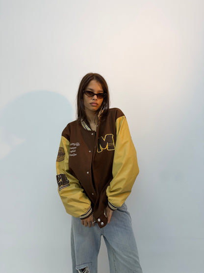 Vintage Brown & Mustard Embroidered Oversized Varsity Jacket