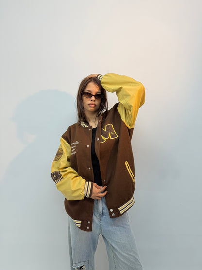Vintage Brown & Mustard Embroidered Oversized Varsity Jacket