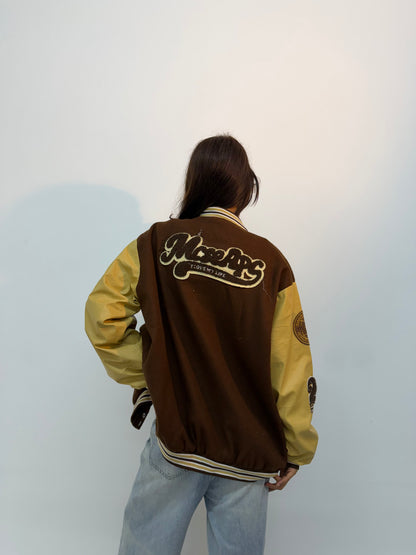 Vintage Brown & Mustard Embroidered Oversized Varsity Jacket