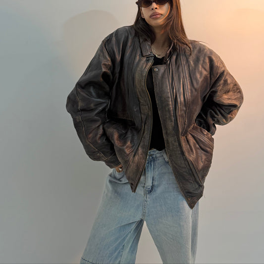Distressed Dark Brown Oversized Vintage Aviator Leather Jacket