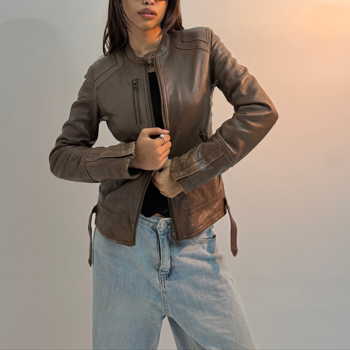 Distressed Brown Slim-Fit Vintage Moto Leather Jacket