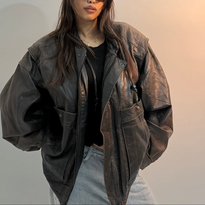 Vintage Oversized Black Utility Moto Unisex Leather Jacket