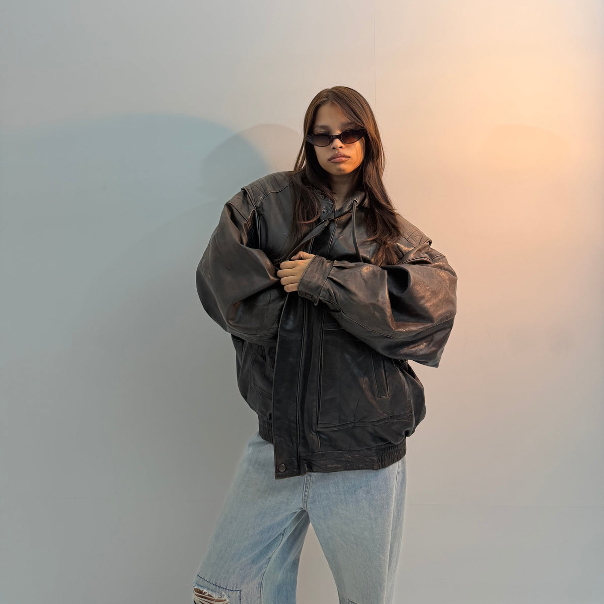 Vintage Oversized Black Utility Moto Unisex Leather Jacket